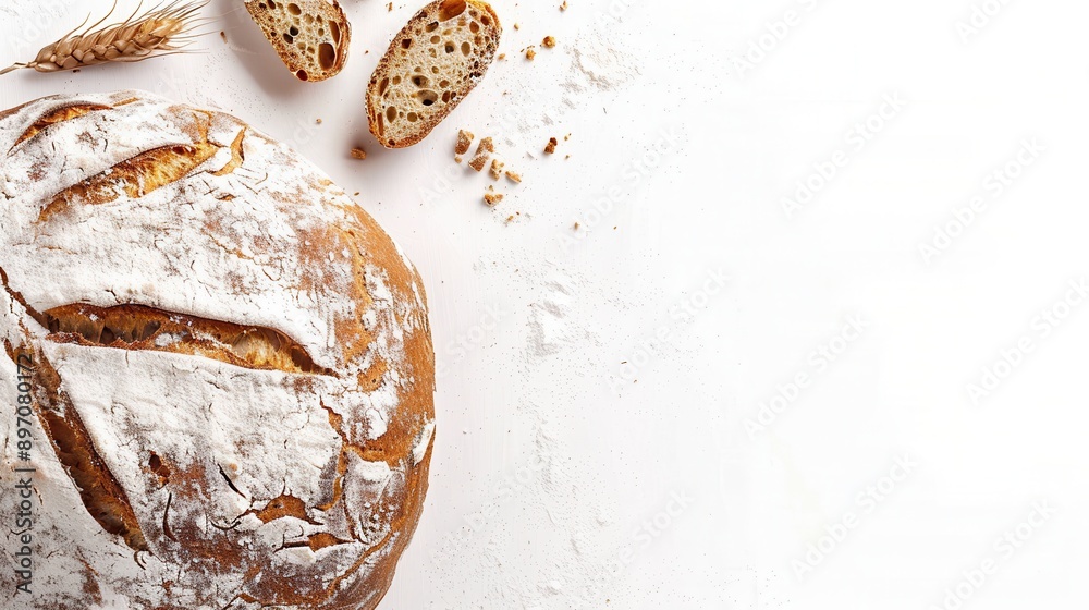 Poster a freshly baked wheat bread loaf sits on a white background, with slices of bread and a wheat stalk 