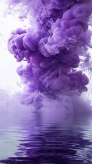 Fototapeta premium Vibrant purple smoke spreading over water with a white backdrop for a striking visual with copy space image