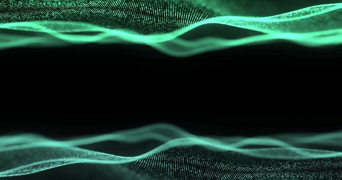 futurist movement abstract green matrix horizontal lines and dots slowly floating like a fluid on black background, technology and cyber security concept
