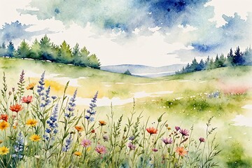 A peaceful watercolor of a serene meadow with wildflowers with space for text