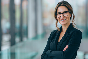 confident businesswoman with eyeglasses, smiling and standing with arms crossed. Ideal for representing successful corporate female managers, career achievements, and executive lea