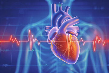 Detailed illustration of a human heart organ with a pulse line on an ECG cardiogram background. This medical health care image focuses on the heartbeat rhythm and frequency rate wa