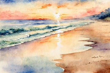 A soothing watercolor of a tranquil beach at sunrise with space for text