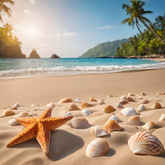 Starfish on the summer beach in sea water. Summer background. Summer time.