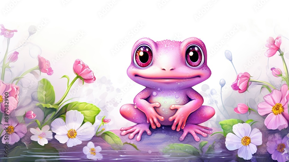 Wall mural Cute cartoon frog with big eyes sitting on flowers