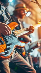 Obraz premium Close up of young musicians playing electric guitars at an outdoor concert