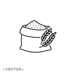 flour bag icon, sack and wheat, thin line symbol isolated on white background, editable stroke eps 10 vector illustration