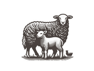 Sheep and lamb. Vintage retro engraving illustration. Black icon, isolated elemen. print