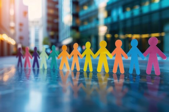 Colorful paper cut-out figures holding hands in a line, symbolizing unity and teamwork on a blurred modern city