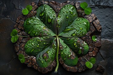 Fototapeta premium Dew drops cover clover leaves, creating a beautifully geometric and natural pattern in a dark, textured setting, symbolizing nature's resilience and serenity in simplicity.