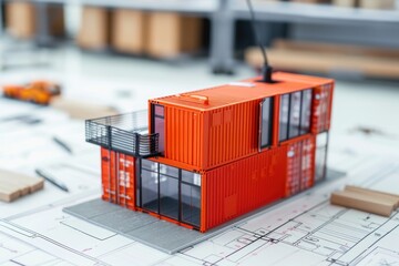 Obraz premium Construction site office, cargo container model on building blueprint plans