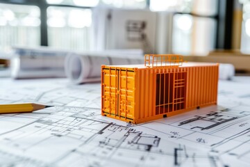 Construction site office, cargo container model on building blueprint plans