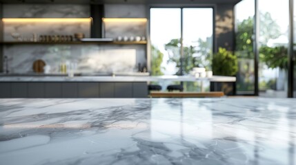 A Close-Up of a White Marble Countertop with a Blurred Kitchen Background