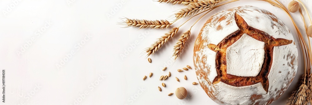Poster a freshly baked loaf of wheat bread sits on a white background with wheat spikes scattered around it