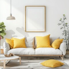 Stylish Modern Living Room: Scandinavian Country Decor with Sofa Featuring Yellow Pillows Near Wall with Frame