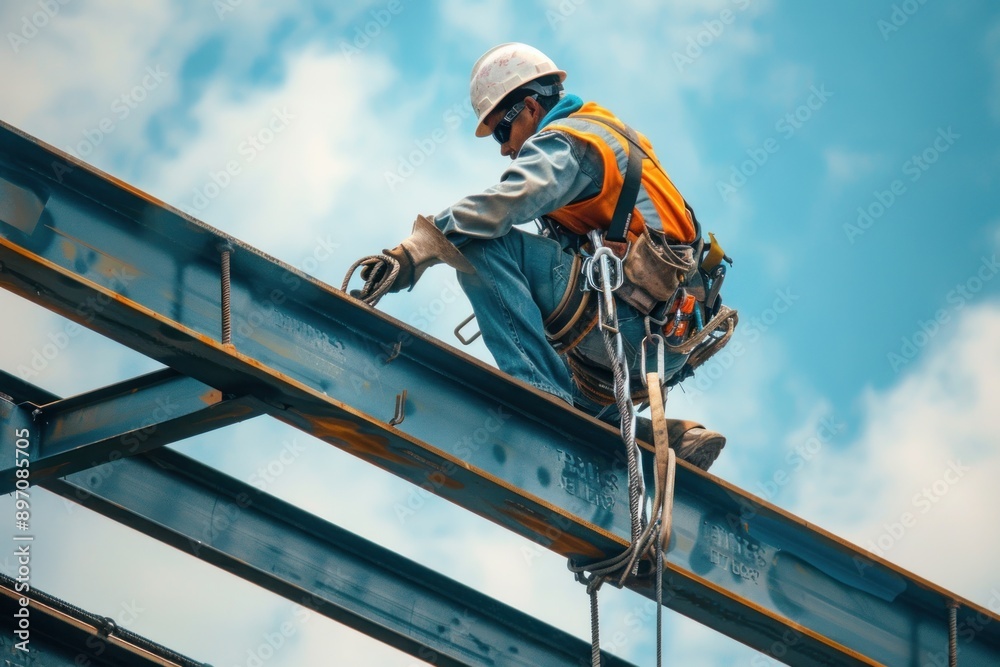 Wall mural determined iron worker with helmet and gloves masters the heights, diligently working on a building'