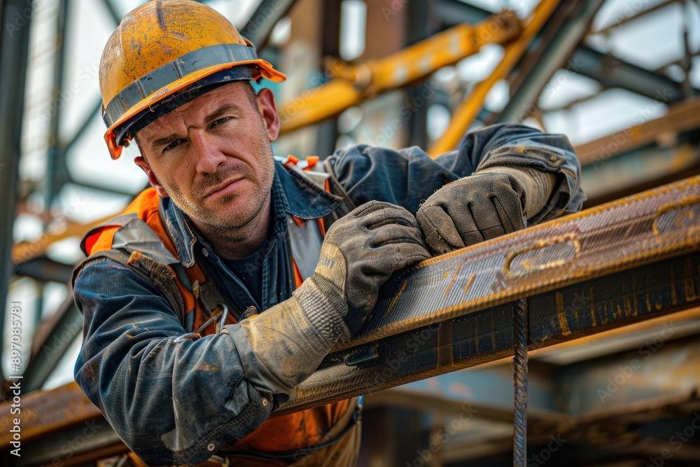 Poster determined iron worker with helmet and gloves masters the heights, diligently working on a building'