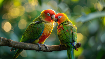 Obraz premium Colorful Macaws in the Jungle,Vibrant red, yellow & green macaws perched on a branch, basking in jungle sunlight, captivating with their bright plumage