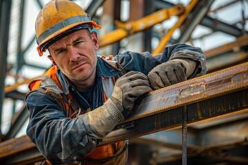 Determined iron worker with helmet and gloves masters the heights, diligently working on a building's framework