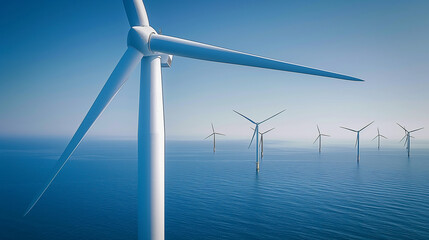 Fototapeta premium several wind turbines against a blue sky to generate state-supported renewable energy