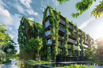 Fototapeta premium Modern Green Building With Reflecting Pool