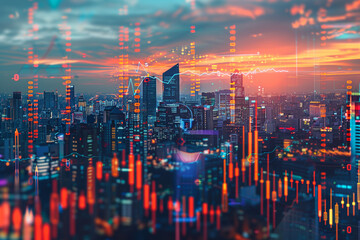 Fototapeta premium Close-up of financial economy charts and graphs overlayed on a cityscape illustration, highlighting stock market exchange trends and investment indices. Ideal for visualizing globa