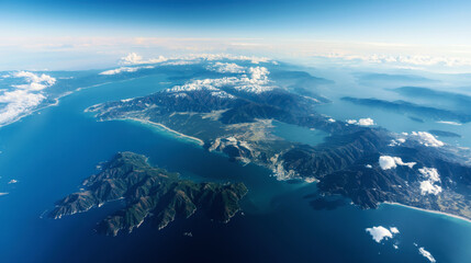 Aerial view of a coastal landscape with mountains, rugged coastlines, bodies of water, and low-lying clouds and snow-capped peaks in the background.