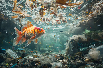 Naklejka premium Marine animals tangled and surrounded by garbage at the bottom of the sea.