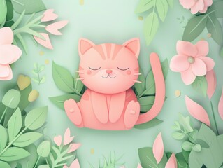 A pink cat sitting on a lush green field, great for pets or nature scenes