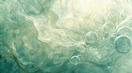 Naklejka premium Abstract Green Liquid with Bubbles and Swirling Patterns