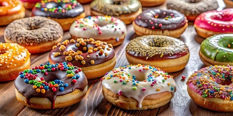 Assorted donuts with unique frostings and sprinkles, perfect for a bakery display, donuts, assorted, flavors, frosted, sprinkled