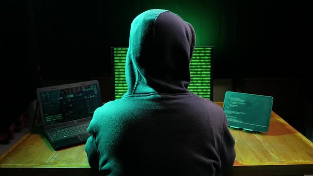 Back view of hooded computer hacker sitting at dark room in front of pc monitor, writing code or using computer virus program for cyber attack. cybercrime, hacking concept