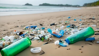 Concetto di inquinamento del mare e degli oceani, rifiuti non biodegradabili sulle spiagge e litorali