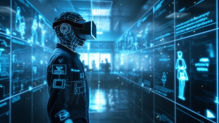 A futuristic education environment with interactive holographic teachers, AI-driven personalized learning programs, and immersive VR classrooms.