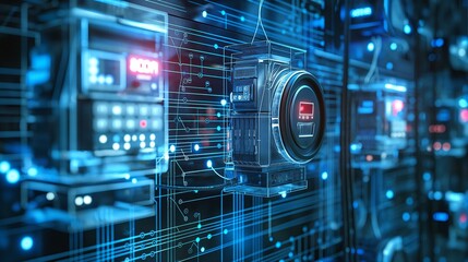 A futuristic energy grid with smart meters, renewable energy integration, and AI-driven demand management systems, illustrating advanced technology growth.