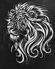 The lion, black and white, black background