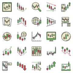 Candlestick Chart colored icons set. Crypto Trading vector concept symbols