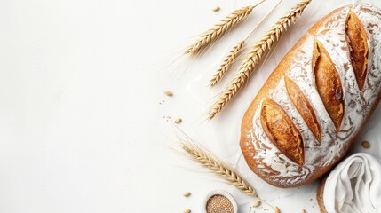 A freshly baked loaf of wheat bread sits on a white surface, surrounded by wheat stalks and scattered grains. Generative AI