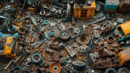 The junkyard is filled with rusty engine parts and a vast collection of scrap metal waiting to be discovered