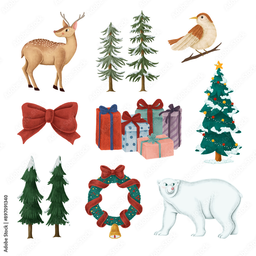 Wall mural Cute Christmas png sticker ornament drawing set