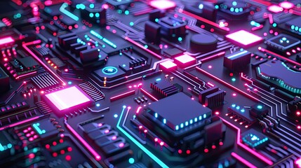 Fototapeta premium Abstract 3D circuit board with digital components and neon accents