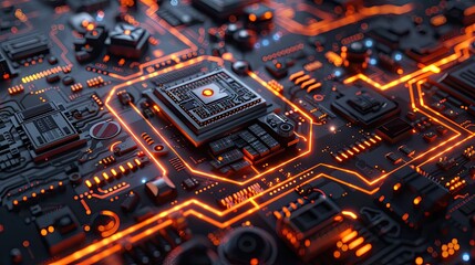 Obraz premium Abstract 3D circuit board with digital elements and glowing highlights