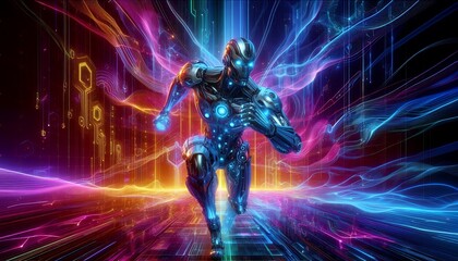 Fototapeta premium Neon Vanguard: A Cybernetic Warrior in the Digital Abyss