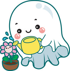 Illustration of cute white ghost icon.
Funny white ghost in activities stickers.A cute white ghost watering flower