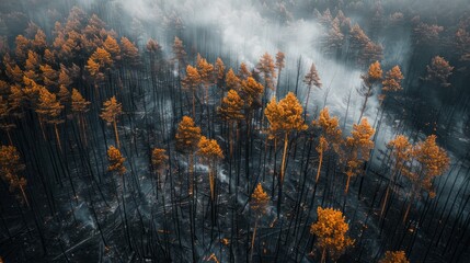 An aerial view showcasing the devastation of scorched trees in a forest aftermath of a destructive wildfire