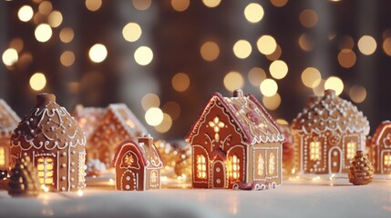 Fototapeta premium Beautiful and cozy Christmas background. Close up of gingerbread houses on table over lights blurred backdrop.