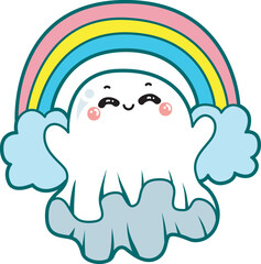 Illustration of cute white ghost icon.
Funny white ghost in activities stickers.
A cute white ghost in fron of rainbow.