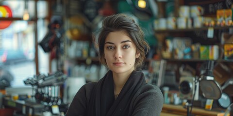 Fototapeta premium A woman stands at a counter in a store, ready for assistance