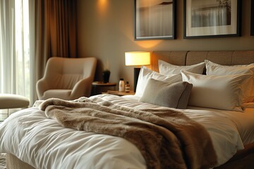 luxury and spacious hotel room interior with a big cozy bed and sot lightning