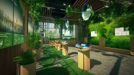 A green business conference setup with virtual reality displays, interactive digital sustainability exhibits, and eco-friendly decor.